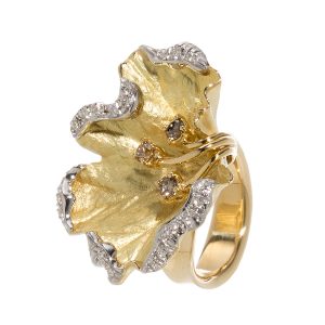 18k yellow gold hammered ring with brilliant cut white diamonds and brown diamonds.