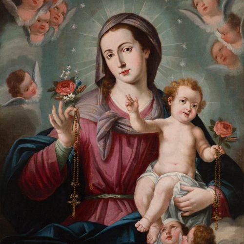 Lot: 35256344. Circle to JOSÉ CAMPECHE (San Juan de Puerto Rico, 1751 - 1809).
"The Virgin of the Rosary".