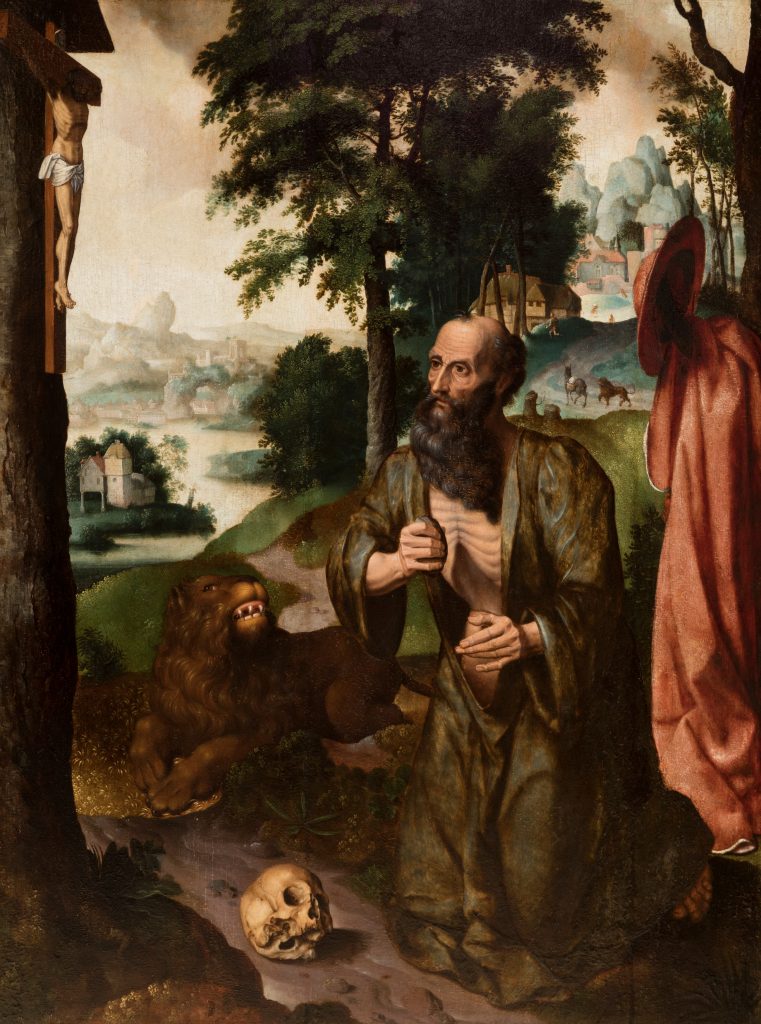 Penitent Saint Jerome attributed to Dirk Bouts, with skull and lion