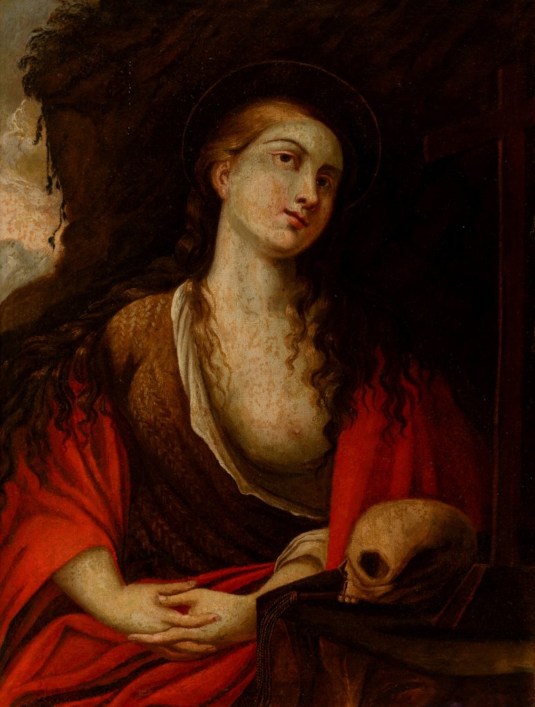 Mary Magdalene penitent accompanied by a skull as a symbol of reflection.