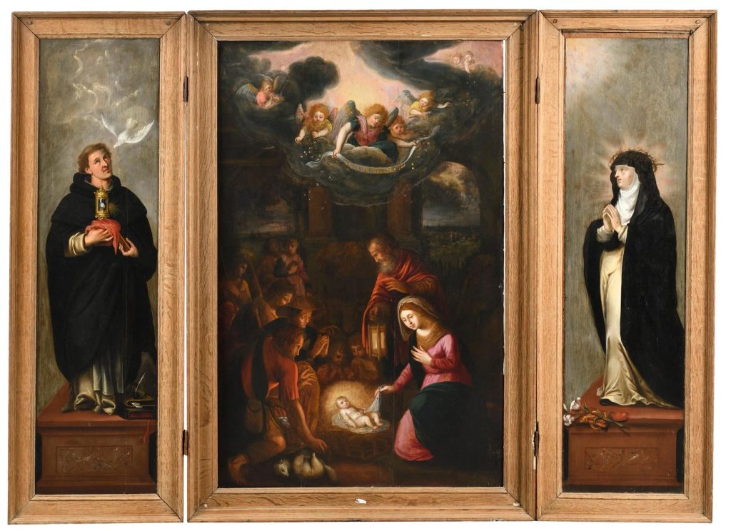 Escuela de Amberes; mirad del siglo XVII, “Tríptico de la Adoración de los pastores con santa Catalina de Siena y santo Domingo de Guzmán ”, Óleo sobre tabla de roble. 