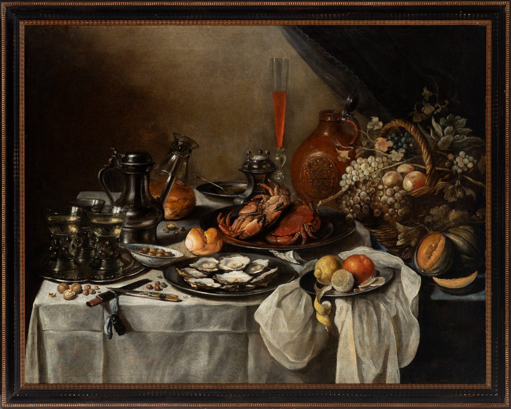 Pieter Claesz, Bodegón con cangrejo, ostras, frutas y cesta de uvas, 1657. Óleo sobre lienzo. Reentelado.