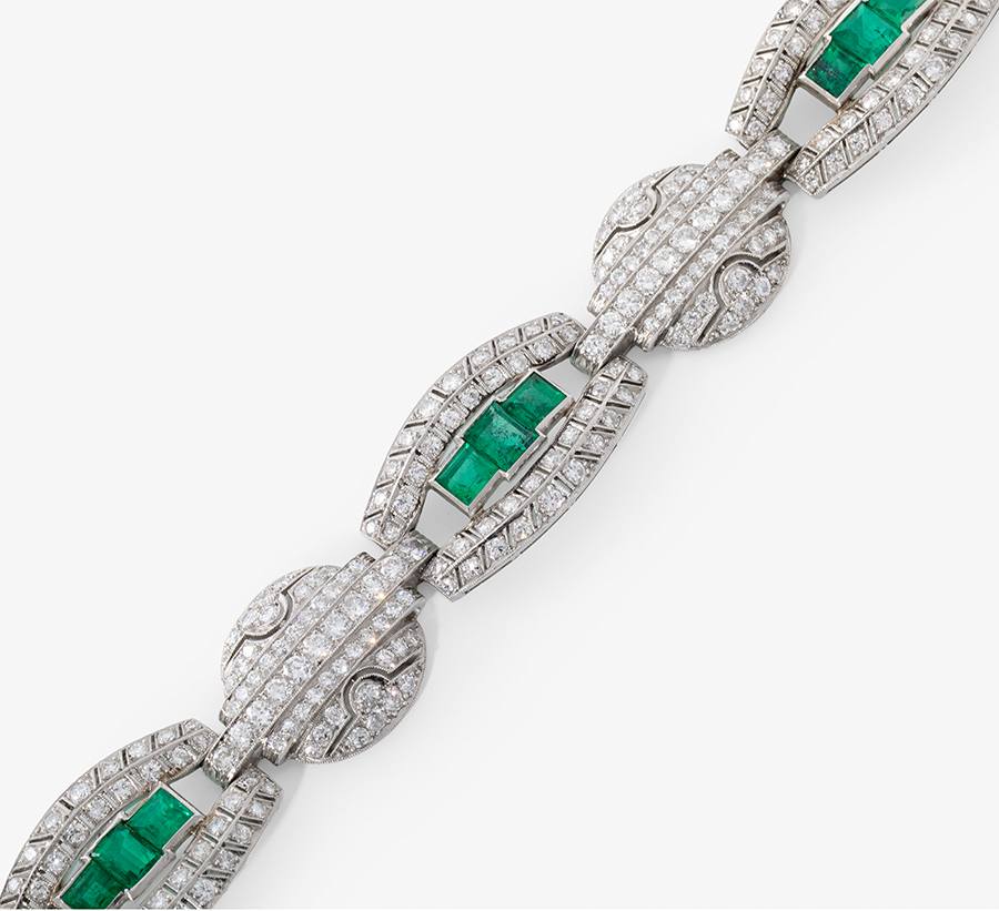 Art Deco-style bracelet with diamonds weighing approximately 10.00 ct and emeralds weighing approximately 3.50 ct.  