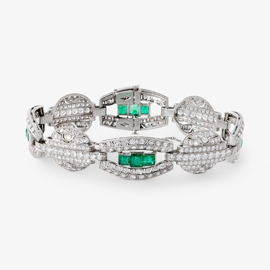 Art Deco-style bracelet with diamonds weighing approximately 10.00 ct and emeralds weighing approximately 3.50 ct.  