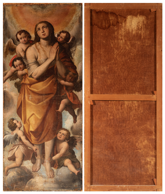 Maestro lombardo; Posiblemente familia PROCACCINI, primera mitad del siglo XVII. “La asunción de María Magdalena”. Óleo sobre lienzo. 