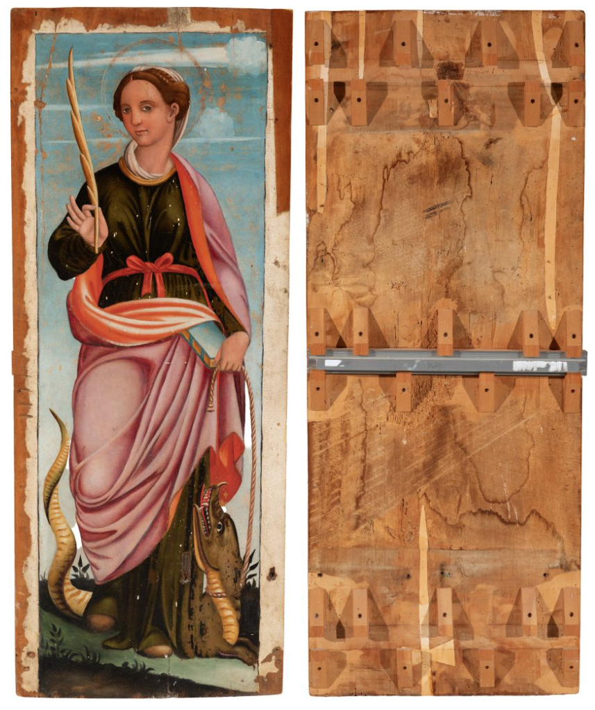 Ejemplo de soporte pictórico: tabla. Escuela italiana; c. 1500, “Santa Margarita”, Óleo sobre tabla.